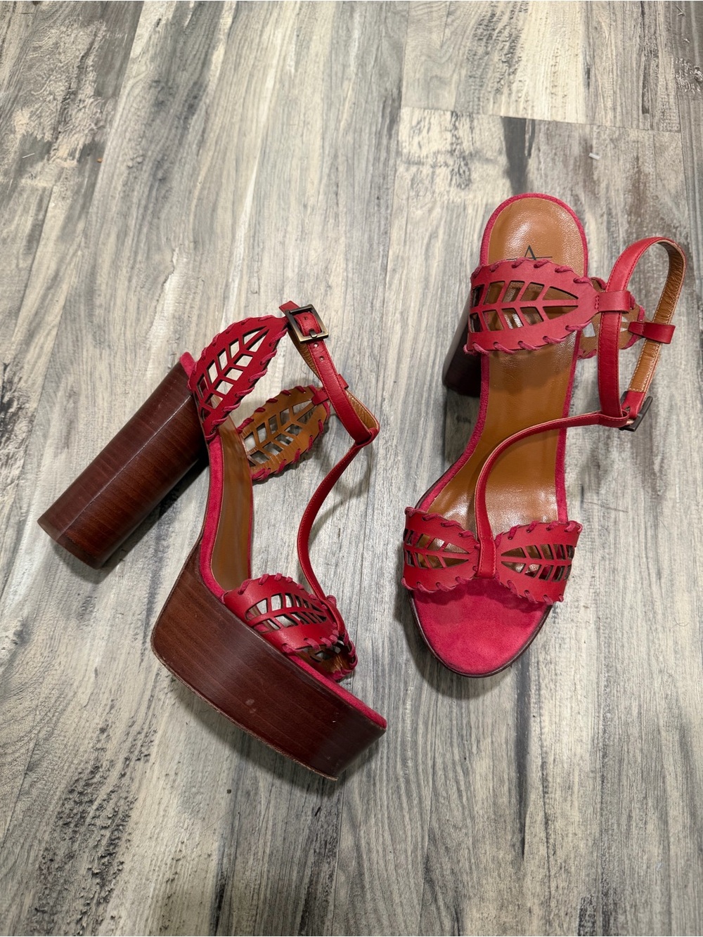 Aquatalia Red Cutout Platform Sandals Wood-Tone Heel isadora leaf laser cut 9.5